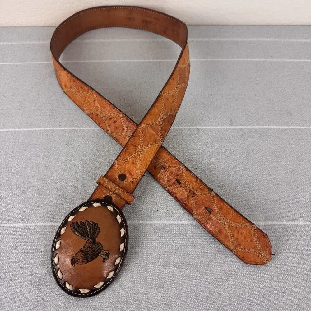 Vintage Justin Ostrich Leather Belt & Vtg Embroidered Rooster Belt Buckle Tan 36